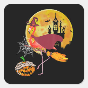 Flamingo   Flamingo Riding Broom Pumpkin Halloween Square Sticker