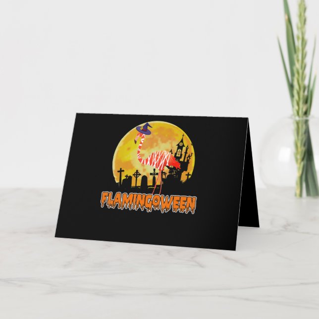 Flamingo | Flamingoween Funny Witch Halloween Card (Front)
