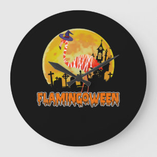 Flamingo Flamingoween Funny Witch Halloween Large Clock