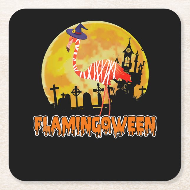 Flamingo | Flamingoween Funny Witch Halloween Square Paper Coaster (Front)