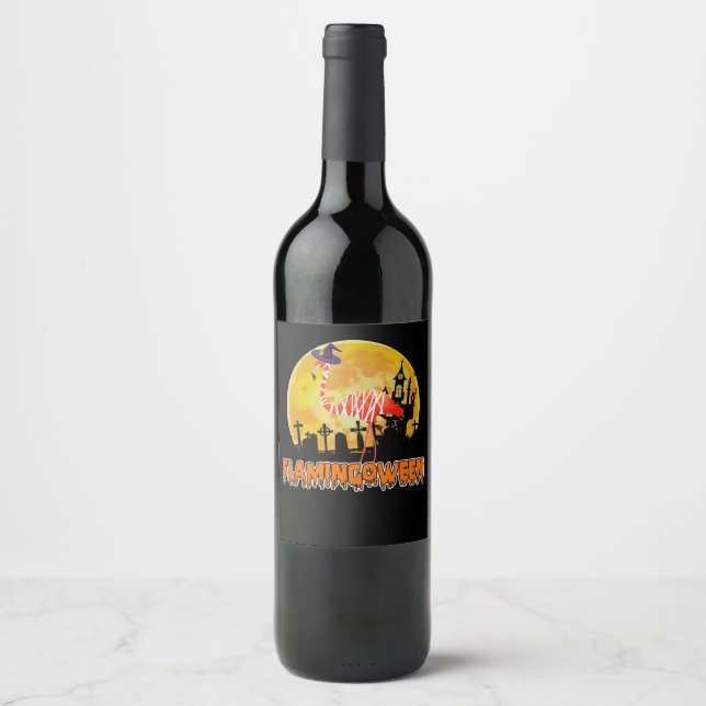 Flamingo | Flamingoween Funny Witch Halloween Wine Label (Front)