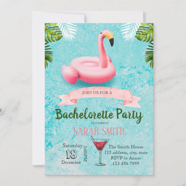 Flamingo float bachelorette invitation (Front)