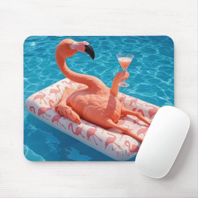 Flamingo Floating With a Cocktail In a Pool Mouse Pad (With Mouse)
