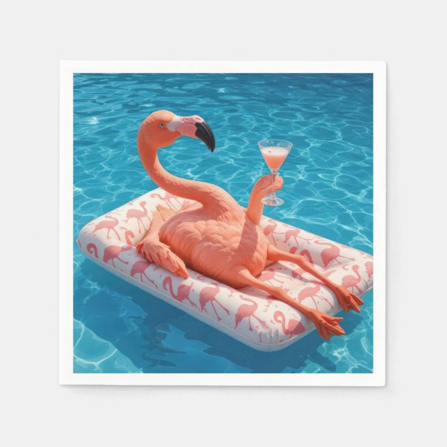 Flamingo Floating With a Cocktail In a Pool Napkin (Front)