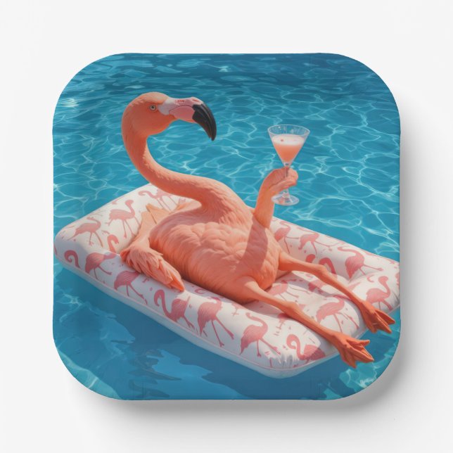 Flamingo Floating With a Cocktail In a Pool Paper Plate (Front)