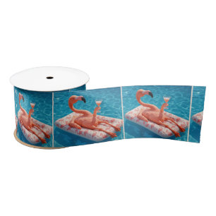 Flamingo Floating With a Cocktail In a Pool Satin Ribbon