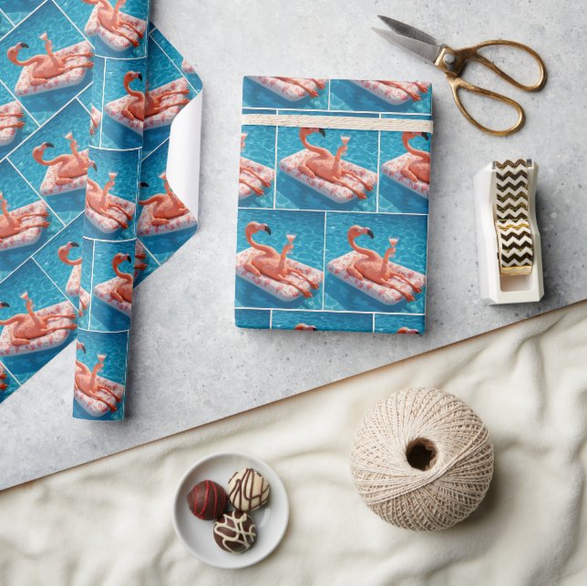 Flamingo Floating With a Cocktail In a Pool Wrapping Paper (Crafts)
