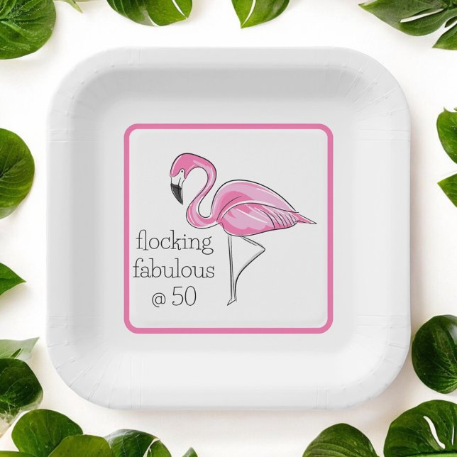 Flamingo Flocking Fabulous at Fifty Border Party Paper Plate (Creator Uploaded)