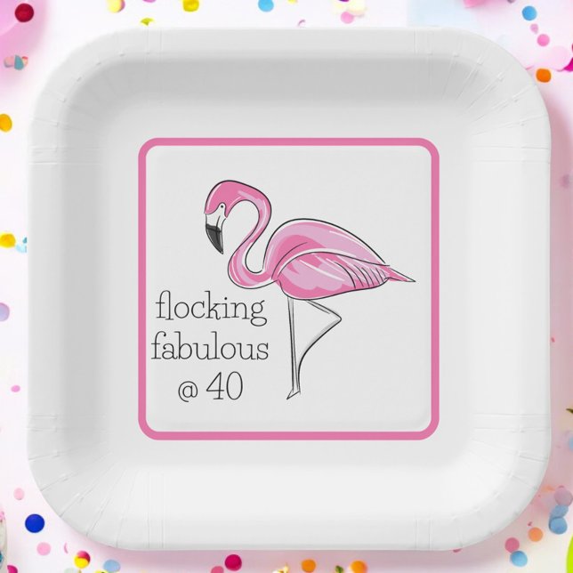 Flamingo Flocking Fabulous at Forty Border Party Paper Plate (Creator Uploaded)