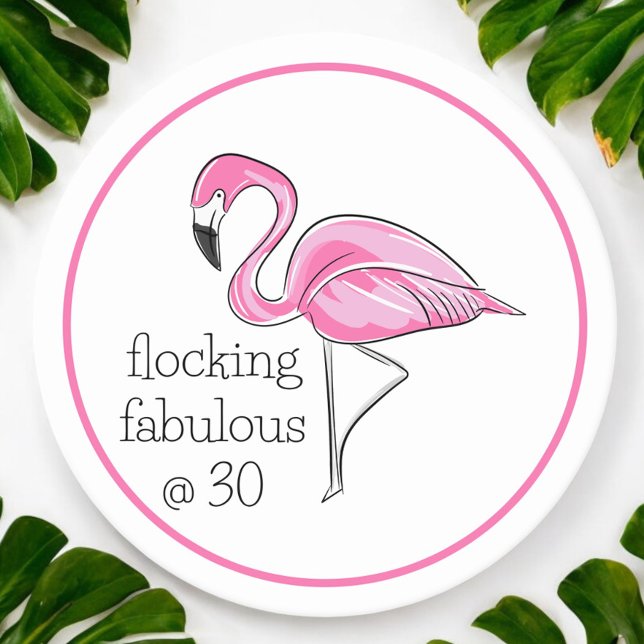 Flamingo Flocking Fabulous at Thirty Border Party Round Paper Coaster (Creator Uploaded)