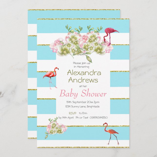 Flamingo Floral Blue Stripe Baby Shower Invitation (Front/Back)