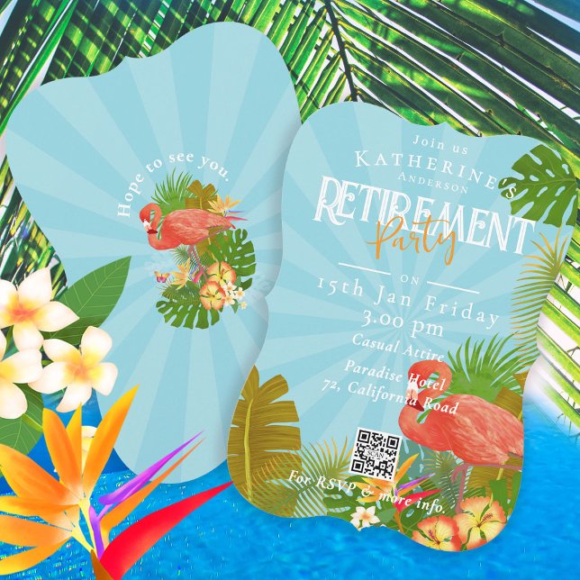 Flamingo Florida Tropical Blue Retirement Invitation (Flamingo Tropical Retirement Party Invitation Card.)