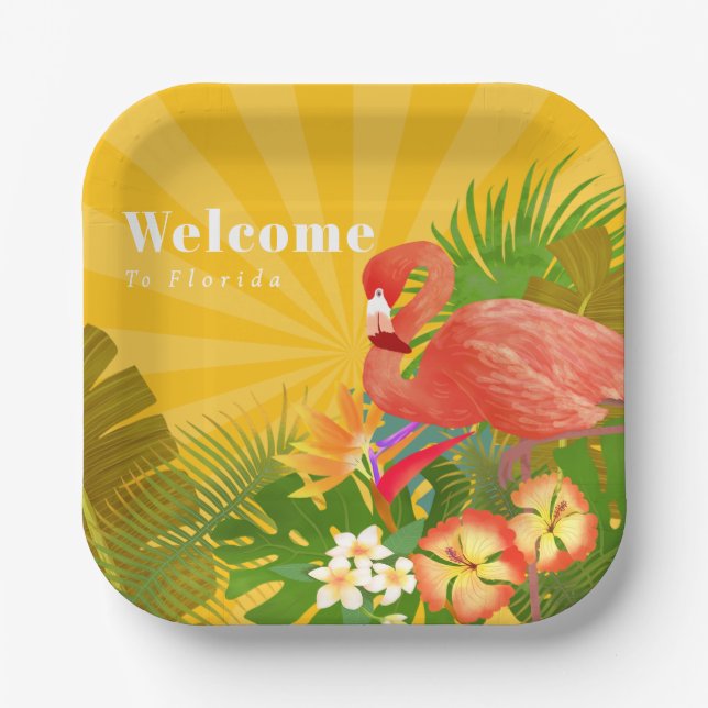 Flamingo Florida Welcome Yellow Orange Paper Plate (Front)