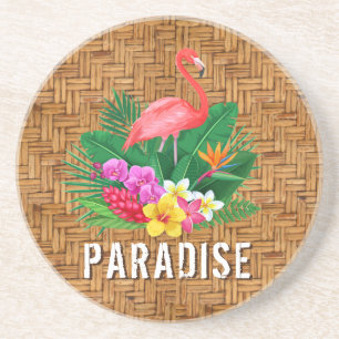 Flamingo Flowers on Wicker Pattern Coaster