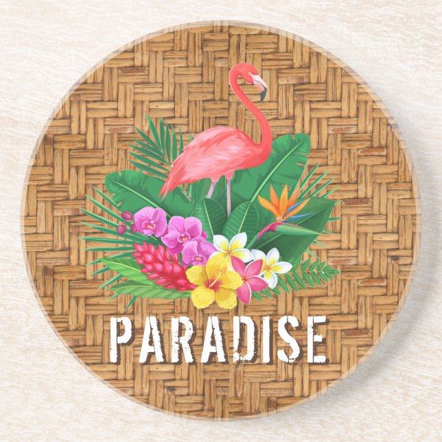 Flamingo Flowers on Wicker Pattern Coaster (Front)