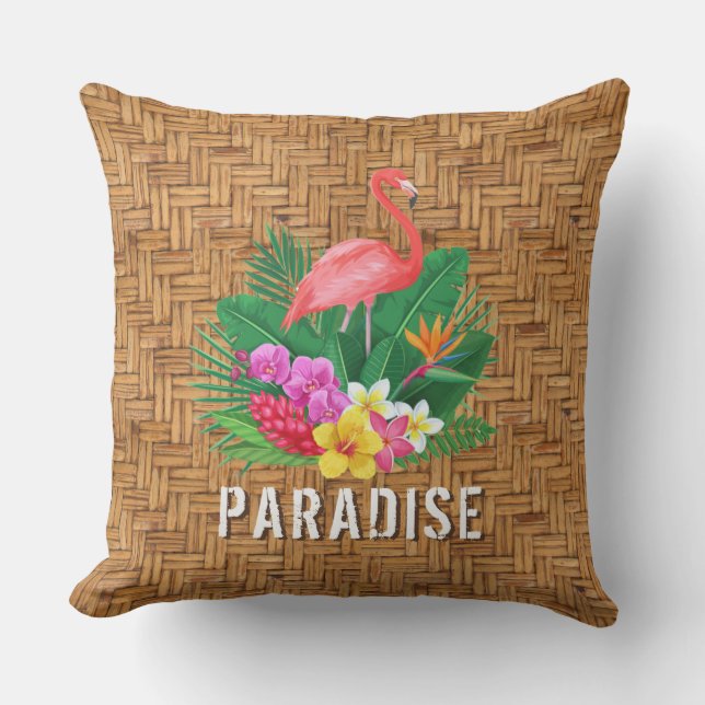 Flamingo Flowers on Wicker Pattern Cushion (Front)