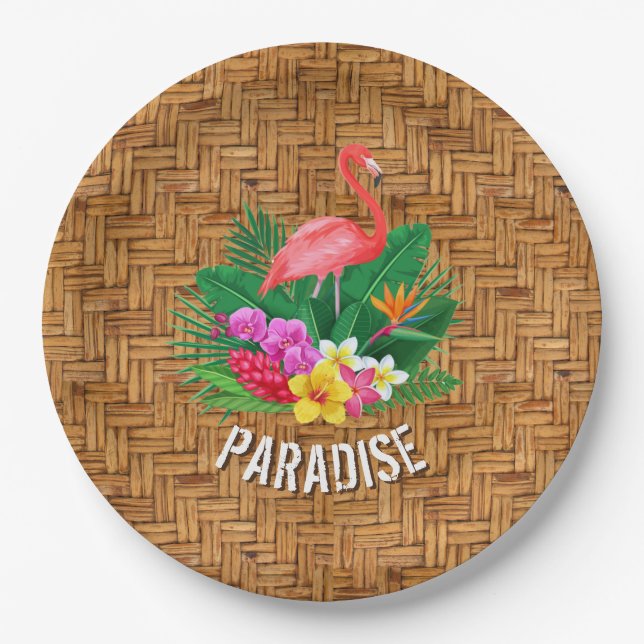 Flamingo Flowers on Wicker Pattern Paper Plate (Front)