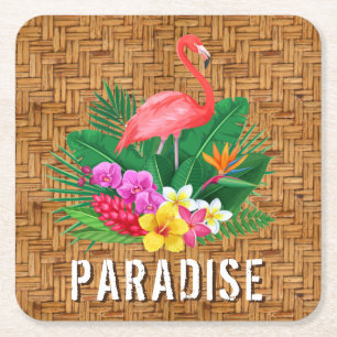 Flamingo Flowers on Wicker Pattern Square Paper Coaster
