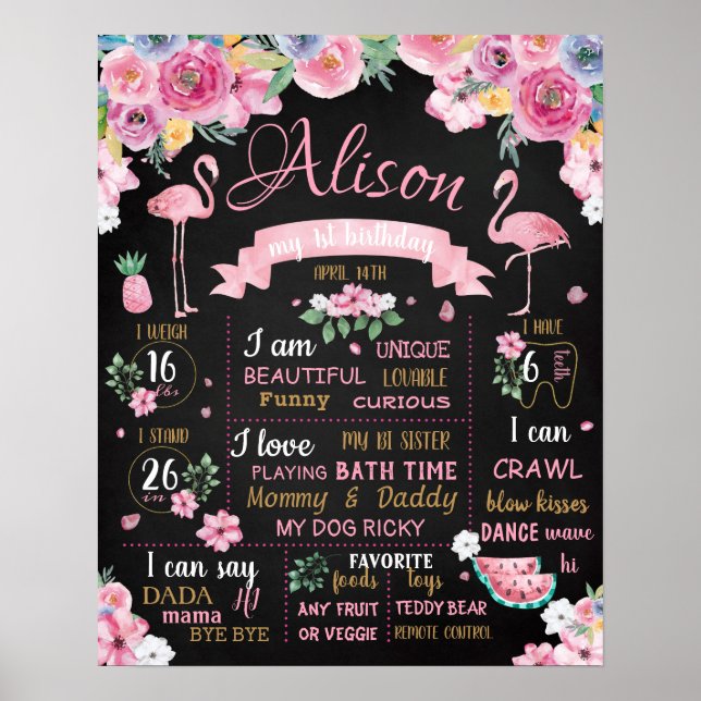 Flamingo Flowers Summer Luau Birthday sign (Front)
