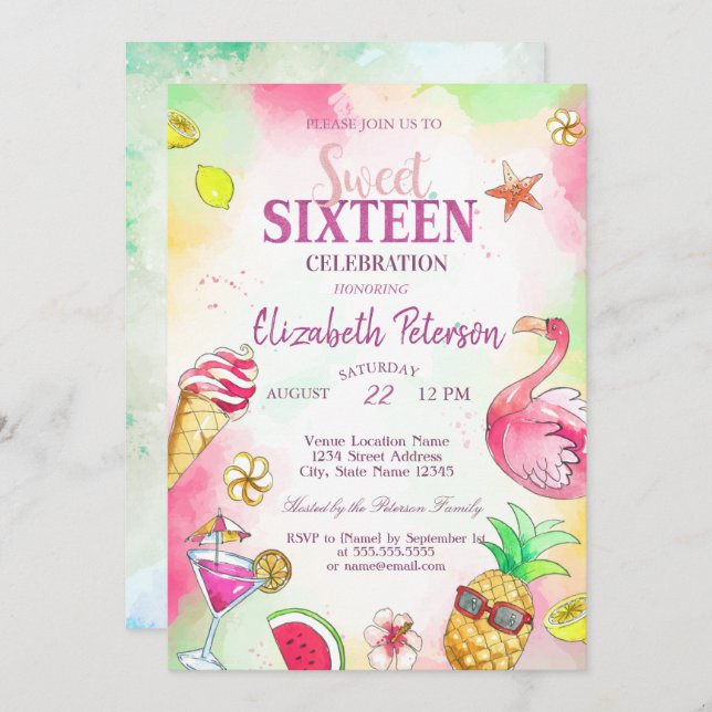 Flamingo Fruits Summer Pool  Sweet 16 Party Invitation (Front/Back)
