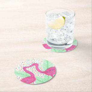Flamingo Fun Tropical Pattern Round Paper Coaster
