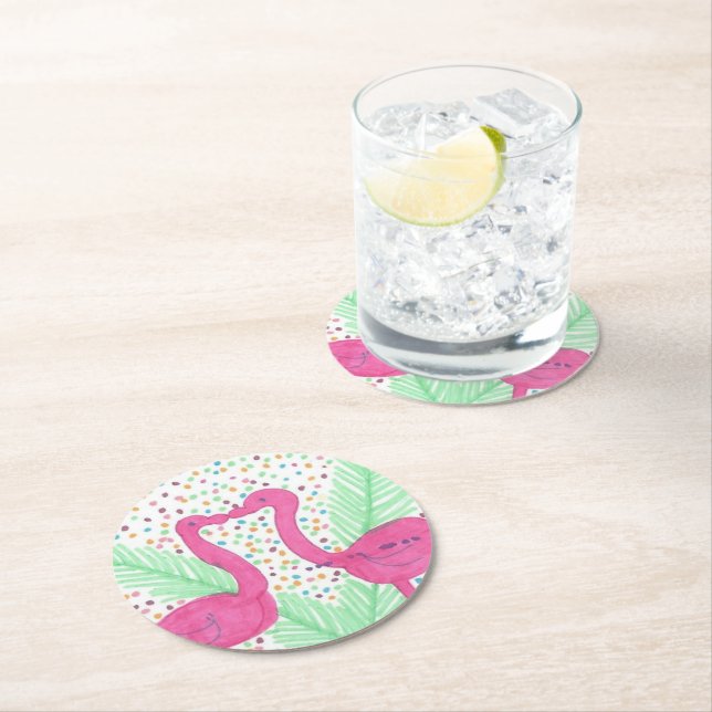 Flamingo Fun Tropical Pattern Round Paper Coaster (Insitu)