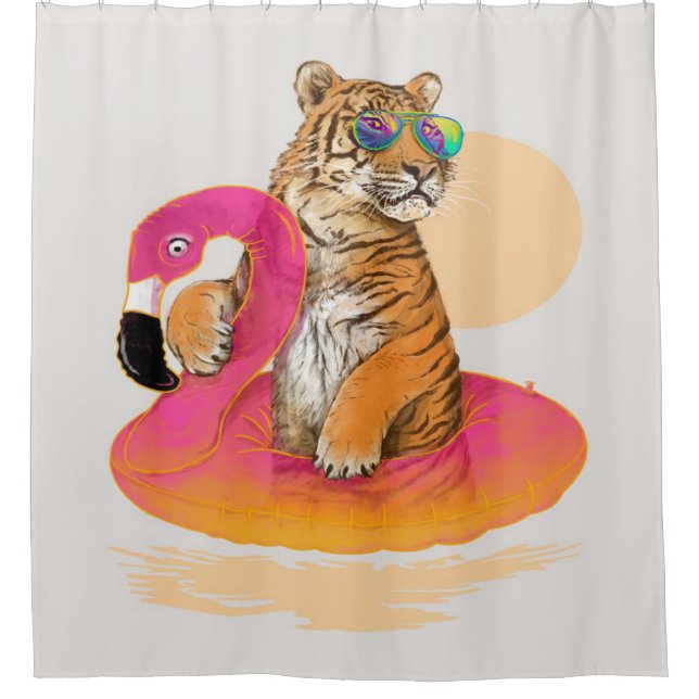 Flamingo | Funny Chillin Flamingo Tiger Friends Shower Curtain (Front)