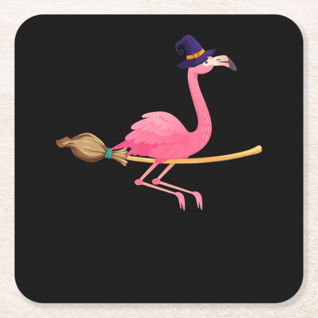 Flamingo | Funny Flamingo Witch Halloween Square Paper Coaster (Front)
