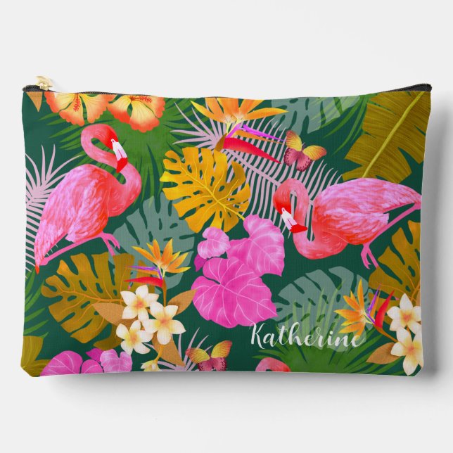 Flamingo Garden Dark Green Accessory Pouch (Front)
