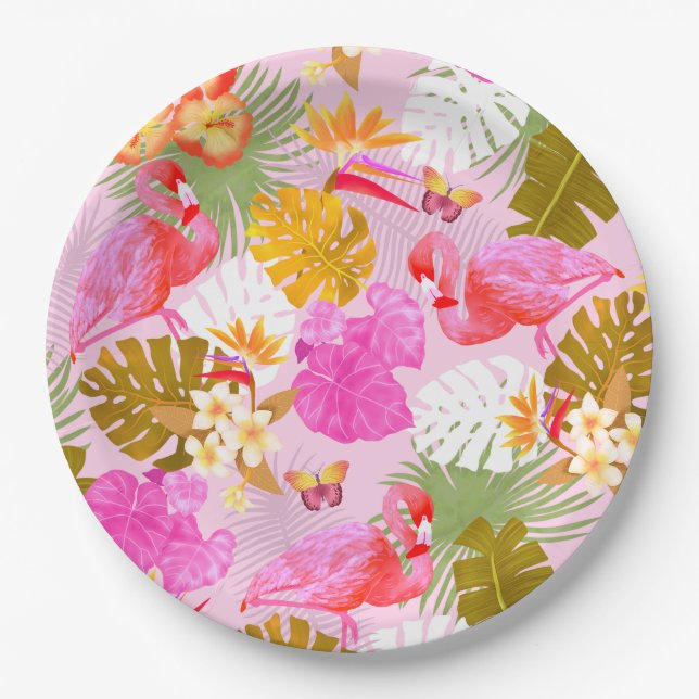 Flamingo Garden Pink Paper Plate (Front)