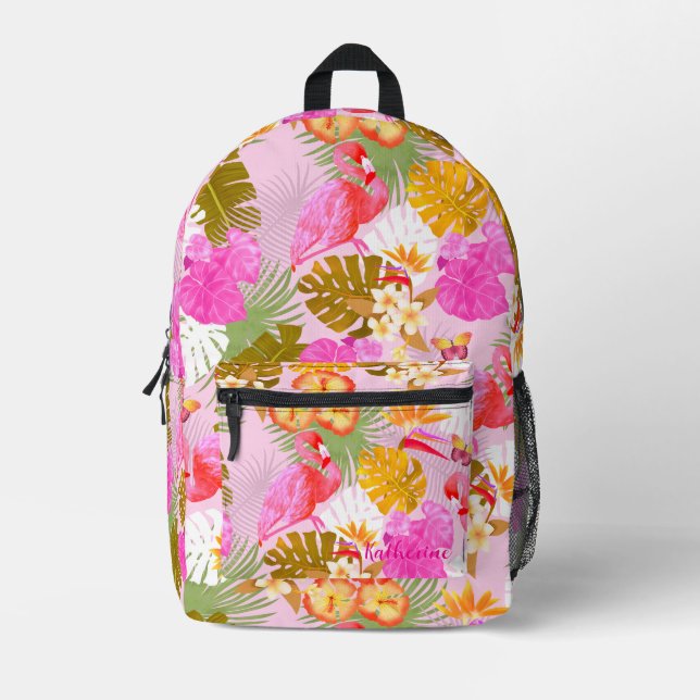 Flamingo Garden Pink Printed Backpack (Front)