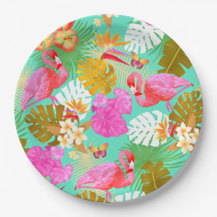 Flamingo Garden Teal Paper Plate