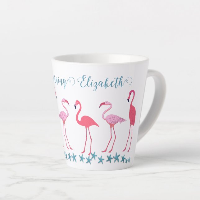 Flamingo Gathering and Starfish Latte Mug (Right Angle)