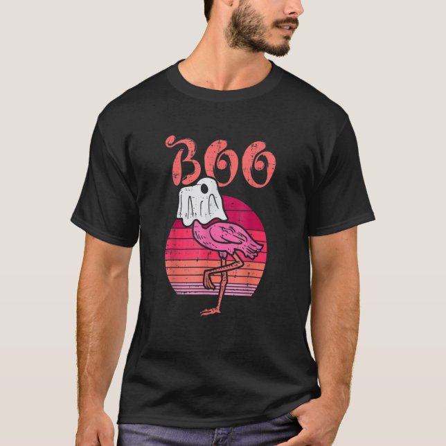 Flamingo Ghost Boo Pink Sunset Retro Halloween Bir T-Shirt (Front)