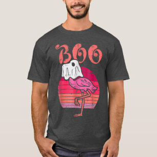 Flamingo Ghost Boo Pink Sunset Retro Halloween Bir T-Shirt