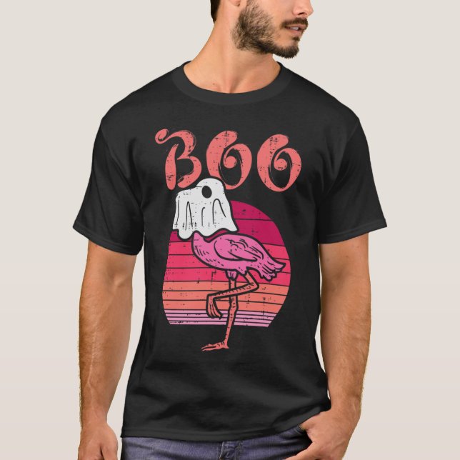 Flamingo Ghost Boo Pink Sunset Retro Halloween Bir T-Shirt (Front)