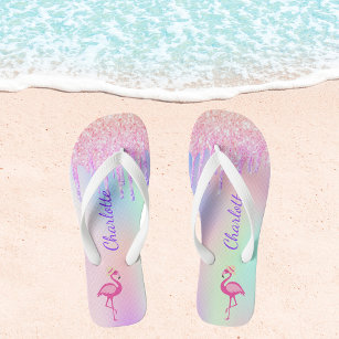 Flamingo glitter tropical name pink holographic thongs