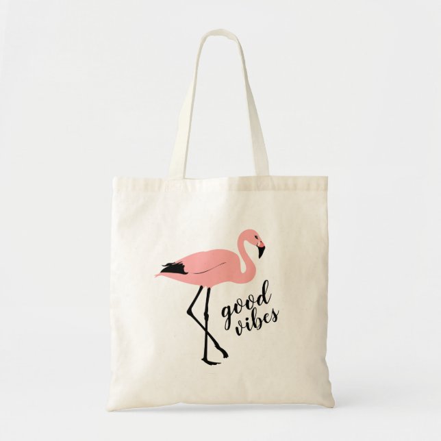 Flamingo Good Vibes Pink Black Cute Budget Tote Bag (Front)