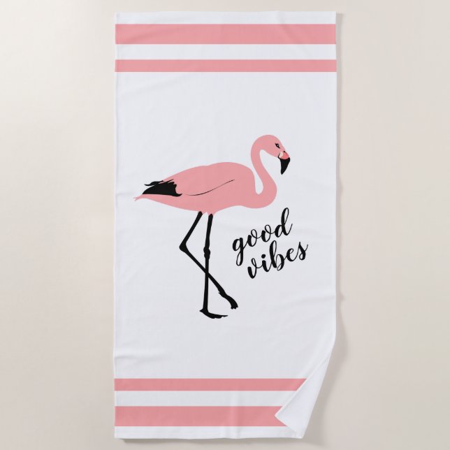 Flamingo Good Vibes Pink Black Trendy Cute Beach Towel (Front)