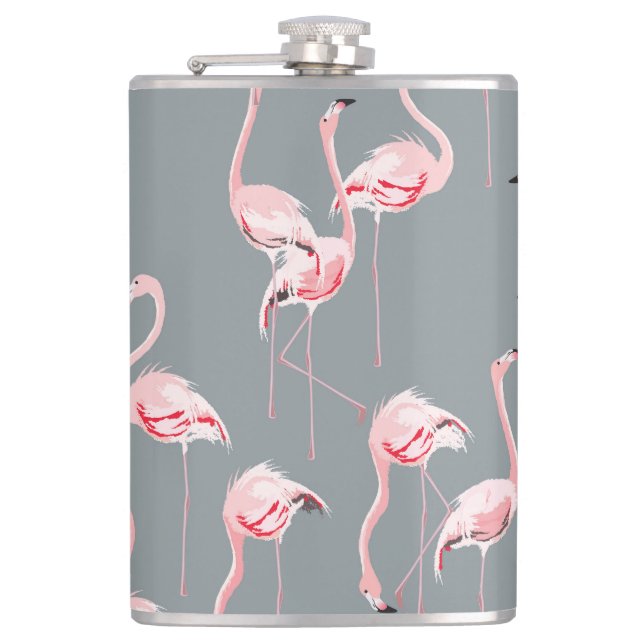 Flamingo Grey: Vintage Seamless Pattern. Hip Flask (Front)
