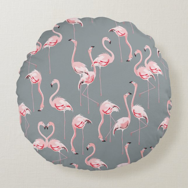 Flamingo Grey: Vintage Seamless Pattern. Round Cushion (Front)