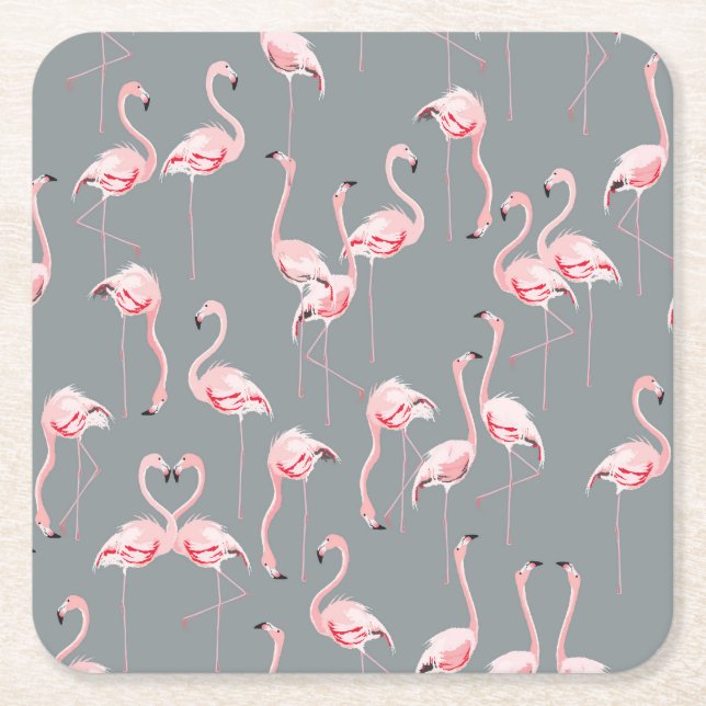 Flamingo Grey: Vintage Seamless Pattern. Square Paper Coaster (Front)