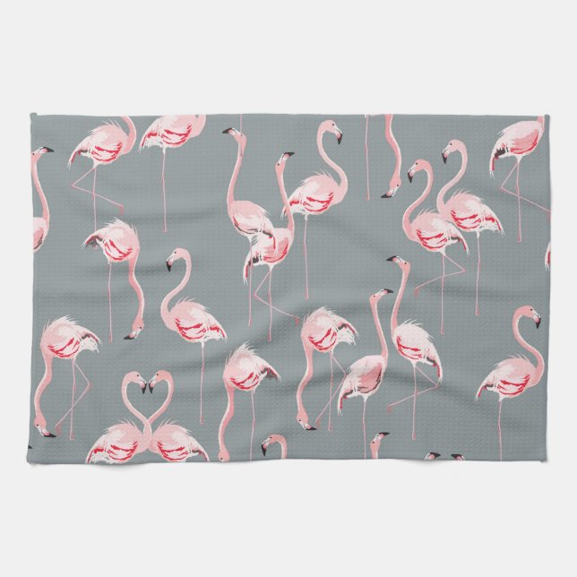 Flamingo Grey: Vintage Seamless Pattern. Tea Towel (Horizontal)