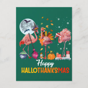 Flamingo Halloween And Merry Christmas Happy Hallo Postcard