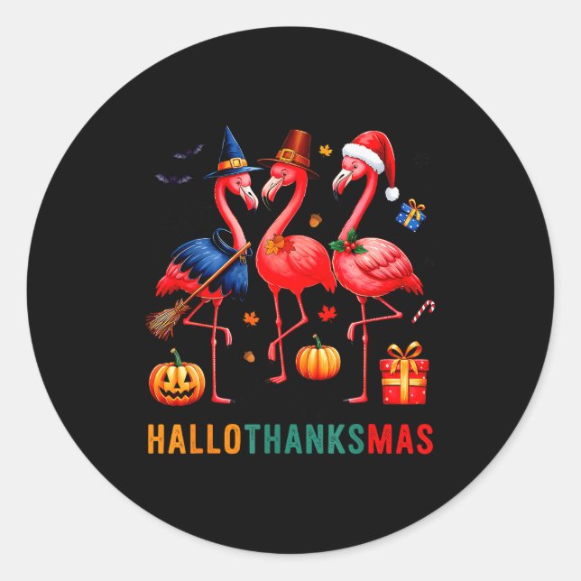 Flamingo Happy Hallothanksmas Funny Halloween Than Classic Round Sticker (Front)