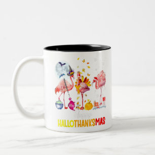 Flamingo Happy HalloThanksmas Funny Halloween Than Two-Tone Coffee Mug