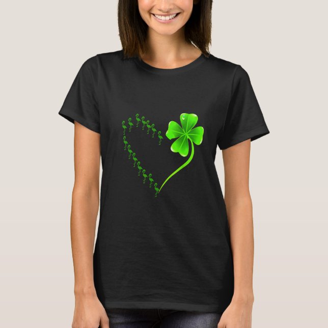 Flamingo Heart Irish Shamrock Heart Clover St Patr T-Shirt (Front)