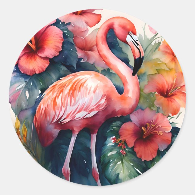 Flamingo Hibiscus Watercolor Art Classic Round Sticker (Front)