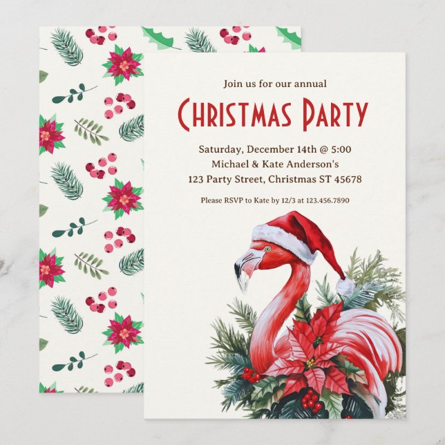 Flamingo in a Santa Hat Tropical Christmas Party Invitation (Front/Back)