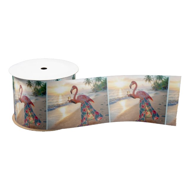 Flamingo In a Skirt Holding a Champagne Flute Satin Ribbon (Spool)